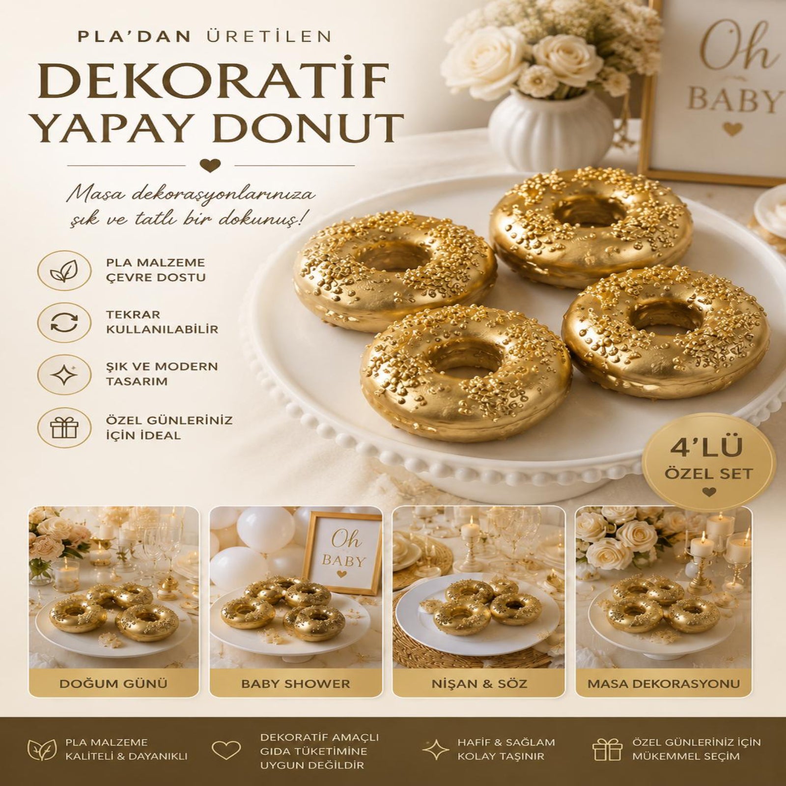 Yapay Donut Masa Süsü - 4 Adet